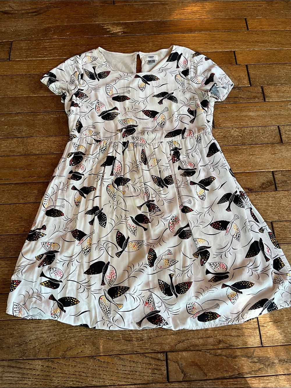 Old Navy White Mini Dress with Black and Multicolor Bird Print